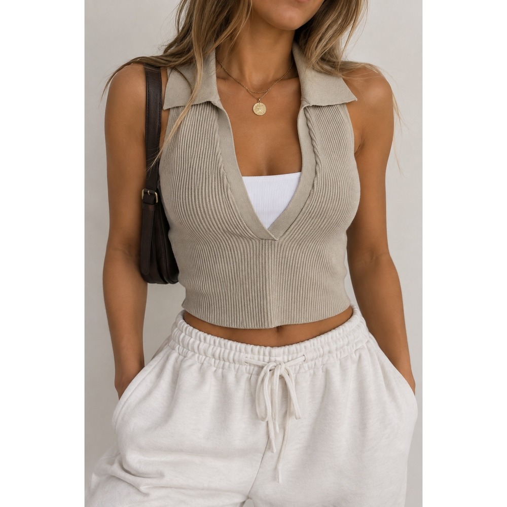 Aritzia Babaton Sculpt Knit Polo Top Beige Ribbed Sleeveless V-Neck Crop Tank M